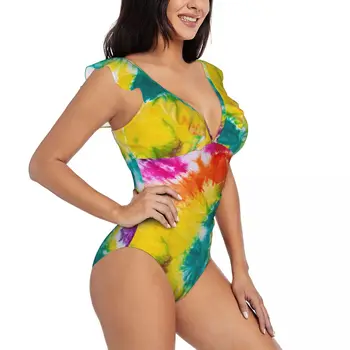 Женский цельный купальник с красящим рисунком, сексуальный купальник с рюшами, Летняя пляжная одежда, купальник для похудения