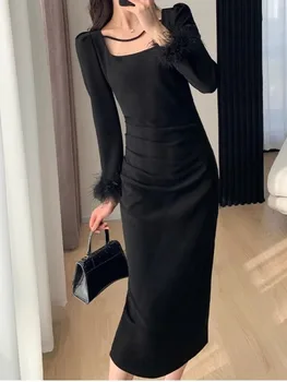 Женское Модное Элегантное Облегающее Тонкое Черное платье с длинным рукавом из перьев, винтажное однотонное вечернее платье для вечеринки, клуба, женское платье, Новинка