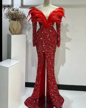 Женщина из Дубая, Красное вечернее платье Русалки с длинными рукавами, расшитыми бисером, Свадебные платья с блестящим разрезом, vestidos de fiesta elegantes
