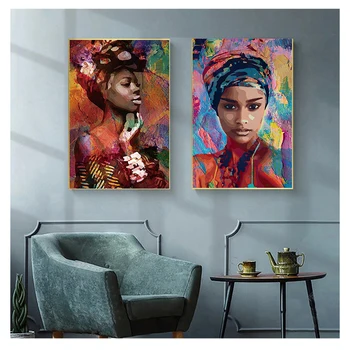 Живопись, красочные женские портретные плакаты и принты, настенное искусство для гостиной, домашний декор, Куадрос, абстракция, девушка из Африки, Холст, масло