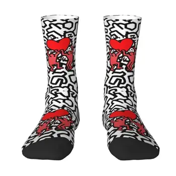 Забавные носки для экипажа с двумя красными человечками, Унисекс, забавные носки с 3D принтом и геометрическими граффити, платье-Харинг,