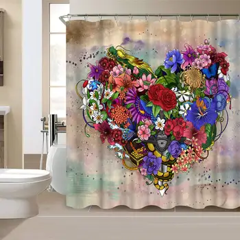 Занавеска для душа Love, занавески для душа с романтическим цветочным сердечком, водонепроницаемая полиэфирная ткань, набор занавесок для ванной комнаты, декор с крючками