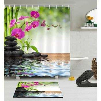Занавеска для душа Spa Spring Zen с набором ковриков Бамбуковые ширмы для ванной из камня орхидеи Водонепроницаемая полиэфирная ткань для декора ванны