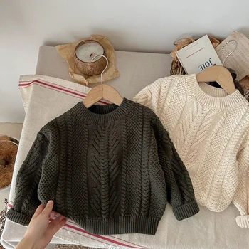 Зима-весна, корейский стиль, вязаные пуловеры для маленьких мальчиков и девочек, топы, детские однотонные повседневные свободные пуловеры с длинными рукавами, свитер