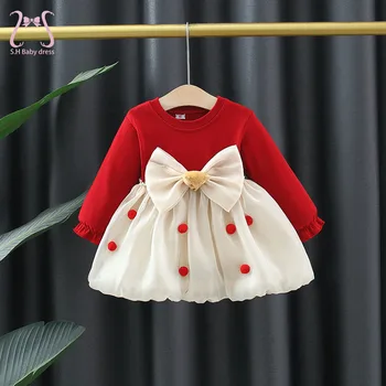 Зимние красные платья с длинными рукавами для маленьких девочек, детская одежда из хлопка для малышей 0-4 лет