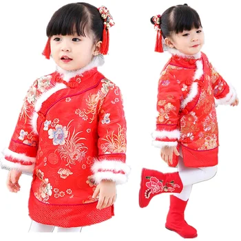 Зимние платья для маленьких девочек, пальто, детская одежда Qipao, фестиваль Sping, китайский традиционный пуховик для девочек Cheongsam, блузка ChiPao