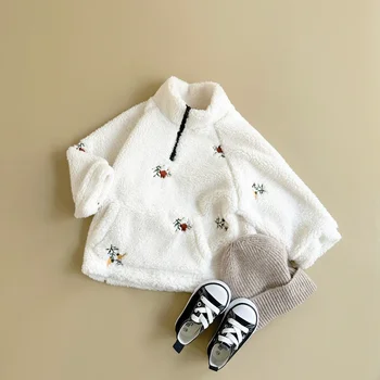 Зимняя одежда для новорожденных девочек и мальчиков, шерстяная куртка с вышитым цветком на молнии, плотное теплое пальто для малышей от 1 до 3 лет