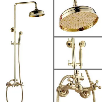 Золотой латунный настенный смеситель для ванной комнаты, 8-дюймовый круглый смеситель для душа с дождевой насадкой, смеситель для ванны, ручной душ mgf321
