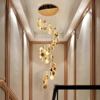 Золотые хрустальные люстры Дизайнерский светильник для гостиной, ресторан на вилле, мансарда, подвесной светильник со светодиодной подсветкой, современные люстры для лестниц