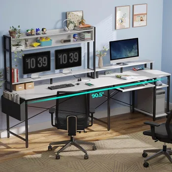 Игровой стол L-образной формы, 90,5-дюймовый Реверсивный Компьютерный стол с Подставкой для монитора и Гнездом, Стол для Домашнего офиса со светодиодной Подсветкой и розетками питания