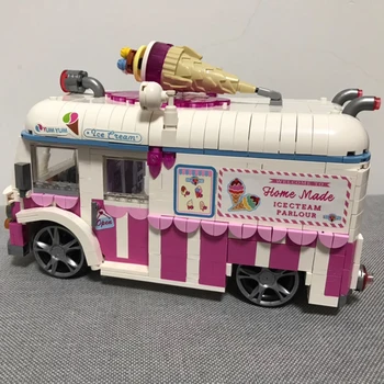 Игрушки для детей, мир транспортных средств, Розовая машина для мороженого, холодный напиток, конфеты, Грузовик с едой, 3D-модель, мини-блоки, Кирпичное здание