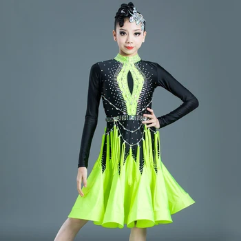 Изготовленное на заказ платье для соревнований по латиноамериканским танцам для детей, платье для танцев флуоресцентного цвета для девочек, детская одежда с бахромой для выступлений, новинка 515