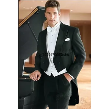Итальянское мужское черное пальто, фрак, свадебные костюмы для мужчин, комплект жениха (куртка + брюки + жилет), облегающий костюм жениха