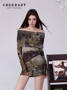 Картина маслом CHEERART, винтажное облегающее платье с открытыми плечами и длинным рукавом для женщин, мини-платье 2023, осенняя модная одежда