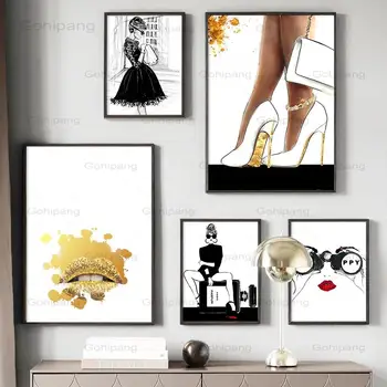 Картина на холсте, духи для девушки с золотыми губами, сумочка на высоких каблуках, настенное искусство, плакаты на скандинавскую тему и принты, настенные панно для декора гостиной