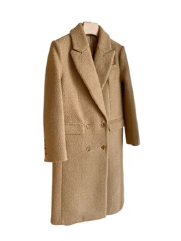 Кашемировое пальто с воротником-стойкой, длинная свободная версия, однотонное двубортное женское пальто, теплый и удобный дизайн на осень и зиму