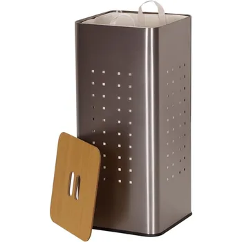 Квадратная металлическая корзина для белья со съемной подкладкой и деревянной крышкой -Органайзер для хранения корзин из нержавеющей стали
