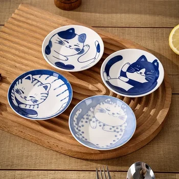 Керамическая посуда для десертного соуса в японском стиле, Креативный Милый Мультяшный узор Lucky Cat в форме капли воды, Фруктовые тарелки для суши