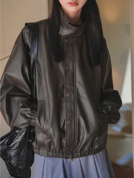 Кожаное пальто Оверсайз для женщин, весна-осень, Тренд 2024, простой однотонный воротник-стойка, Мотоциклетная кожаная куртка из искусственной кожи