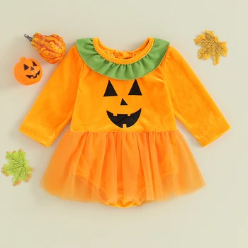 Комбинезон для новорожденных девочек на Хэллоуин с рисунком тыквы, длинный рукав, круглый вырез, тюлевый комбинезон в стиле пэчворк, детская одежда