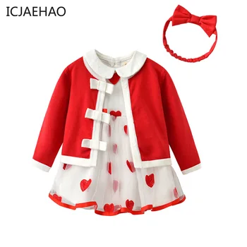 Комплект костюма принцессы 2023 года для маленьких девочек, детская одежда на Первый день рождения, красный вязаный кардиган + платья с вышивкой в форме сердца