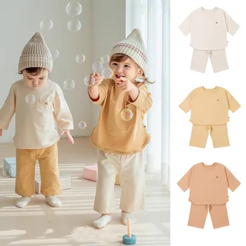 Комплекты детской одежды 2024, Новый весенний Брендовый дизайн, Милые футболки с длинными рукавами для мальчиков и девочек + брюки, комплекты одежды из 2 предметов