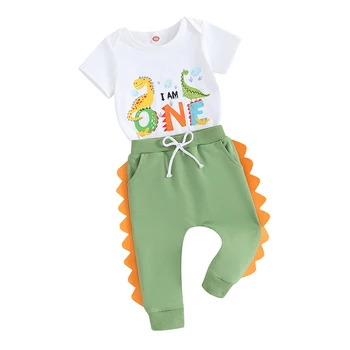 Комплекты одежды из 2 предметов для маленьких мальчиков, комбинезон с буквенным принтом Динозавра, зеленые штаны на завязках, комплекты
