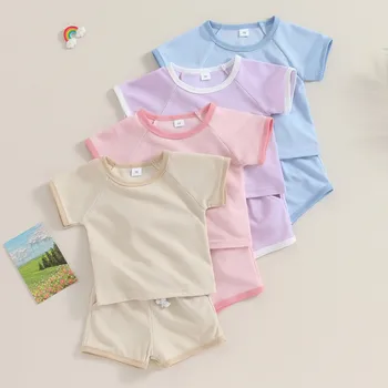 Комплекты шорт для новорожденных девочек, летняя одежда, топы с контрастной отделкой с круглым вырезом и коротким рукавом и шорты с эластичным поясом с карманом