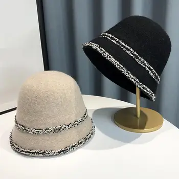 Корейская кашемировая теплая панама для женщин, осень-зима, однотонная Ретро-Рыбацкая шляпа, Панама, модные полосатые кепки для бассейна