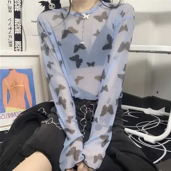 Корейские футболки Idol Harajuku для девочек 90-х, кроп-топ из прозрачной сетки с длинным рукавом, эстетичные повседневные винтажные футболки, Осенняя уличная одежда Y2K