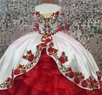 Красно-белые пышные платья принцессы, бальное платье с открытыми плечами, аппликации, Сладкие 16 платьев, Мексиканские 15 Блюд.
