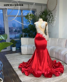Красное платье для выпускного вечера с серебряной аппликацией из бисера и длинным рукавом, блестящее платье Gillter Mermaid на день рождения, robe de bal