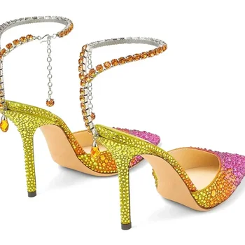 Красочные женские босоножки со стразами 34-41, летняя вечеринка, Свадебные туфли на высоком каблуке 7 см / 10 см, Брендовая женская обувь с открытым носком