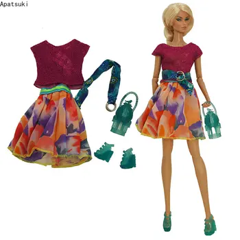 Красочный модный комплект кукольной одежды для Барби Наряды 1/6 Аксессуары для кукол для Барби Топ, юбка, ремень, обувь, сумка, детские игрушки