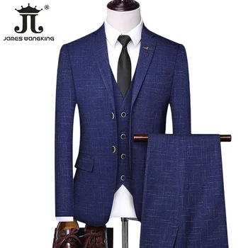 (Куртка + жилет + брюки) Повседневный деловой офисный мужской костюм в клетку, комплект из трех и двух женихов, свадебное платье, костюм в клетку для мужчин