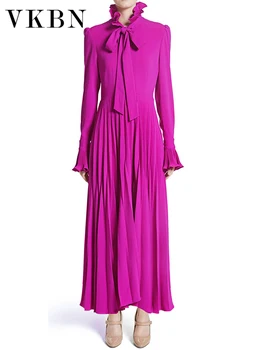 Летнее платье VKBN, женская повседневная водолазка со складками, высокая талия, фиолетово-красные макси-платья для вечеринок, высококачественные платья для женщин