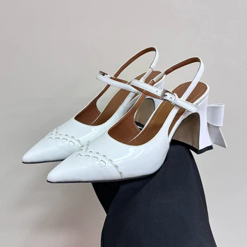 Летние женские босоножки на высоком каблуке, новые босоножки с острым носком в форме сердца, декорированные узлом бабочки, банкетные женские туфли-лодочки