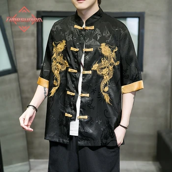 Летние рубашки из ледяного шелка в китайском стиле для мужчин, костюм Тан, рубашки с вышивкой в виде дракона, мужские рубашки с короткими рукавами Hanfu, дисковая пряжка