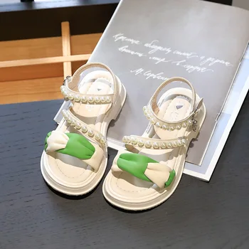 Летние сандалии для девочек, модные расшитые жемчугом Детские уличные повседневные пляжные туфли с открытым носком, плоские противоскользящие детские сандалии