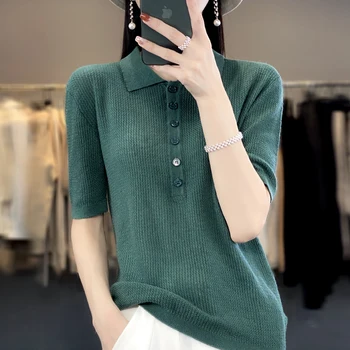 Летняя новая женская футболка из 100% шерсти, свитер с коротким рукавом, пуловер-поло, футболка, модный повседневный вязаный топ