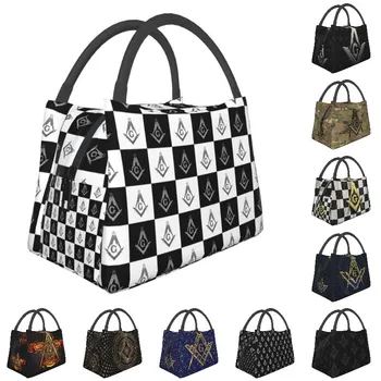 Масонские сумки для ланча в клетку с масонским рисунком, женские сумки для ланча в черно-белую клетку, сменный термоохладитель, ланч-бокс для еды