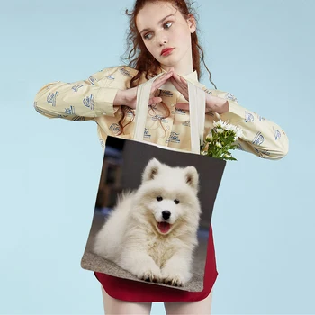 Милая белая самоедская собачка с двойным принтом, многоразовая холщовая женская студенческая сумка-тоут, милая повседневная хозяйственная сумка для домашних животных