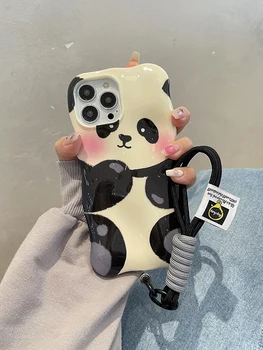 Милая панда с переносным ремешком 3D задняя крышка чехол для iPhone 14 13 11 12 15 Pro Max