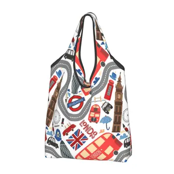 Милая сумка для покупок с рисунком лондонских каракулей, переносной Британский флаг, красная сумка для покупок в продуктовом магазине на плечо
