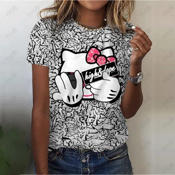 Милая футболка с рисунком Hello Kitty, Женская футболка с мультяшным принтом, уличная одежда, повседневные топы с коротким рукавом и рисунком, Милая женская одежда