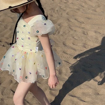 Милые Купальники для маленьких девочек, купальники с цветочным мультяшным принтом, пляжная одежда, купальный костюм, цельный быстросохнущий солнцезащитный крем