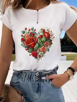 Модная женская одежда с круглым вырезом и принтом, графическая футболка, одежда с коротким рукавом, женский топ, милая рубашка в цветочном стиле, футболка с цветочным рисунком