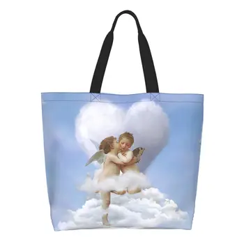 Модная сумка-тоут для покупок с принтом Облаков, поцелуев Ангелов, Моющаяся холщовая сумка-шоппер на плечо в стиле Ренессанс с Херувимом