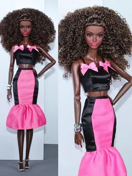 Модная Черная Ярко-розовая кукольная одежда 1/6 для Барби, платье для Барби, одежда принцессы, топ, юбка, 11,5 