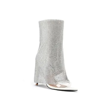 Модное Новое поступление 2024 года, женские ботинки из ПВХ со стразами на массивном каблуке с острым носком, Большие размеры, Летние ботинки с боковой молнией, Модная обувь